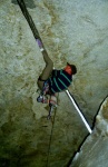 The late Marc Springer attempting the notorious, Trench Warfare (12d) back in the summer of 2000. Marc was killed by rockfall in Alaska in July of 02.
