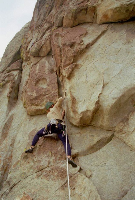 Janelle making the FA of "Jug-a-Lug", a sweet bolted 10d at the right end of the "Crackhouse".