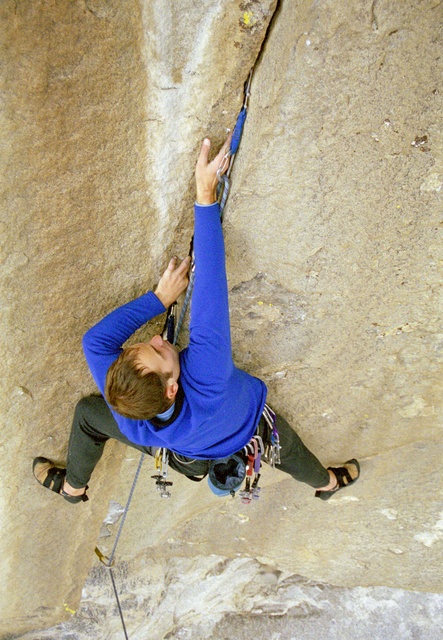 Mike Anderson on "The Rising". It's hard to tell until you lower off, but this crack overhangs about 5-10 degrees.
