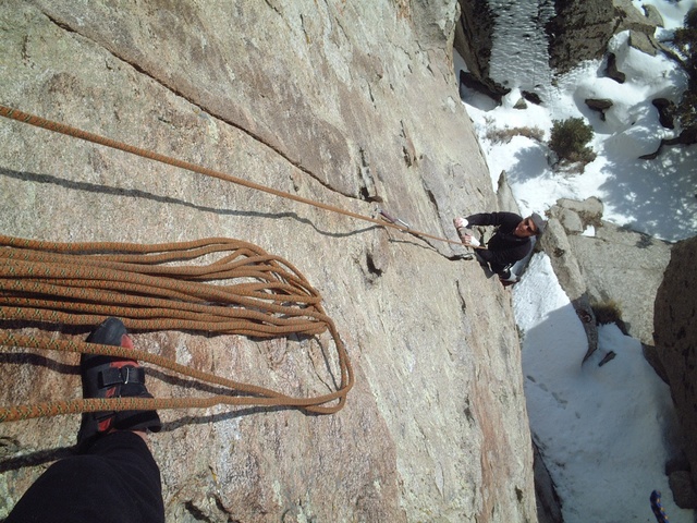 The Comp Wall Splitter (5.11-).  This is Brad Shilling, the Park's Climbing Ranger on the first pitch.