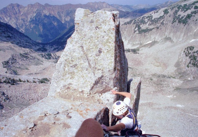 Rob finishing the crux pitch, on top of the second "prow perch".