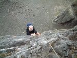 The top of the second pitch, the crux of the route.