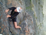 Janelle pulling pockets at the top of the last pitch.