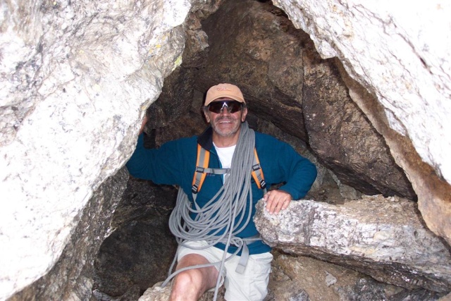 Ted Wilson coming out of "The eye of the needle" on the Grand Teton